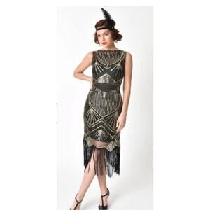 Unique Vintage Black Gold Therese Cocktail Flapper Dress S NWOT